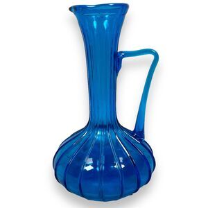 Vintage Rossini Empoli Glass Kingfisher Blue Pitcher Flower Vase Handle 60s MCM